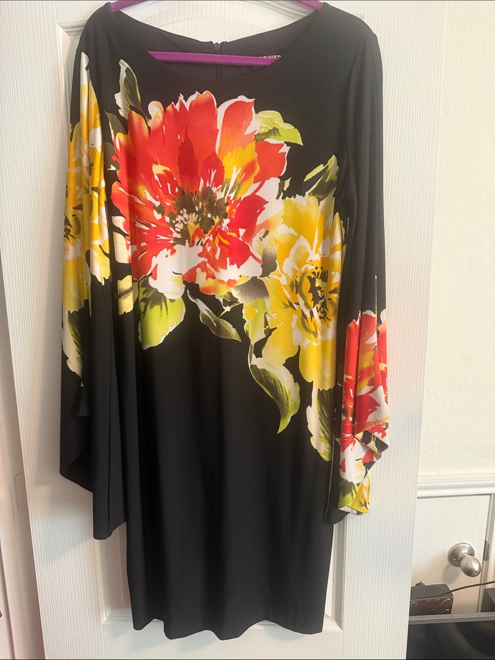 Marc Bouwer Black Floral Shift Dress with Red and Yellow Blooms